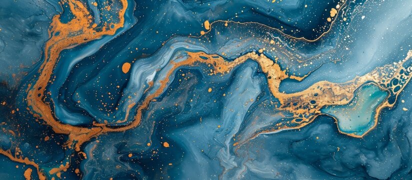 Blue and gold acrylic painting with fluid, abstract marble texture.