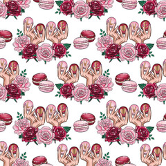 Watercolor illustration. Valentine's day seamless pattern design. Love background. Be my Valentine greeting card design. Roses and macaroons