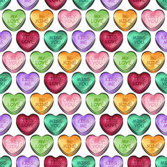Valentine's day seamless pattern design. Love background. Be my Valentine greeting card design. Watercolor illustration. Sweet hearts candies