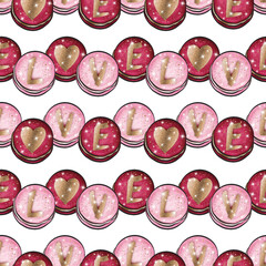 Valentine's day seamless pattern design. Watercolor illustration. Love background. Be my Valentine greeting card design. Pink macaroons