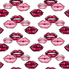 Watercolor illustration. Valentine's day seamless pattern design. Love background. Be my Valentine greeting card design. Lips and kisses