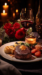 A Portrait of a juicy Beef Filet Steak next to sides, WIne on the Table. Cozy and warm atmosphere.