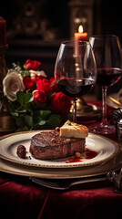 A Portrait of a juicy Beef Filet Steak next to sides, WIne on the Table. Cozy and warm atmosphere.