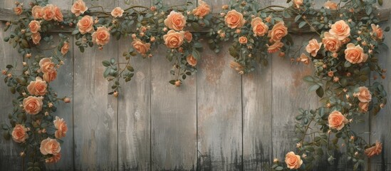 After the rain, a rustic backdrop showcases a rose bush adorned with lovely peach flowers.
