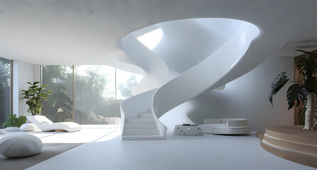 a white large home with a spiral staircase