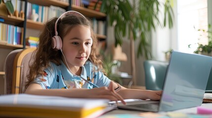 Young girl wearing headphones and listening to music while studying on the laptop computer. Lifestyle image indoors at home for virtual remote learning with teachers and students