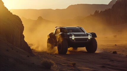 The camera follows the headlights of an offroad vehicle as it treks through a dusty desert...