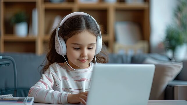 Young girl wearing headphones and listening to music while studying on the laptop computer. Lifestyle image indoors at home for virtual remote learning with teachers and students