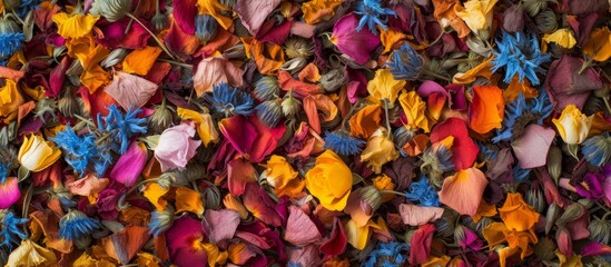 Fototapeta na wymiar Randomly scattered dried flowers in a colorful potpourri mix.