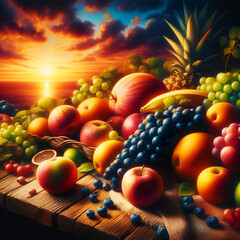 Obraz na płótnie Canvas Sunset paints sky over ocean. Fruits on wooden planks reflect light. Vibrant colors fill scene. Variety of fresh fruits display. Nature’s beauty captured outdoors