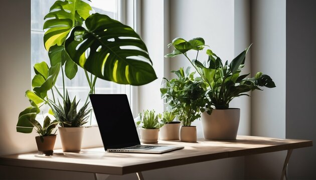 Workspace concept: Desk with plants near a window casting shadows, perfect for mockup