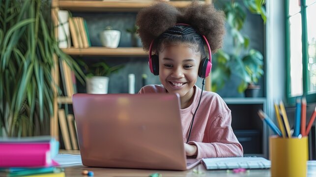 Young girl wearing headphones and listening to music while studying on the laptop computer. Lifestyle image indoors at home for virtual remote learning with teachers and students