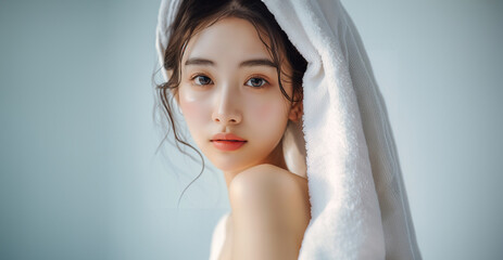 アジア人女性の美容イメージ タオルドライ