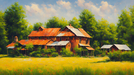 oil painting,farmhouse,tree,house,cloud,Generative AI