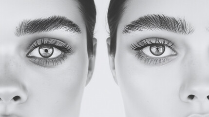 close up portrait of a woman's eye, double portrait, black and white 