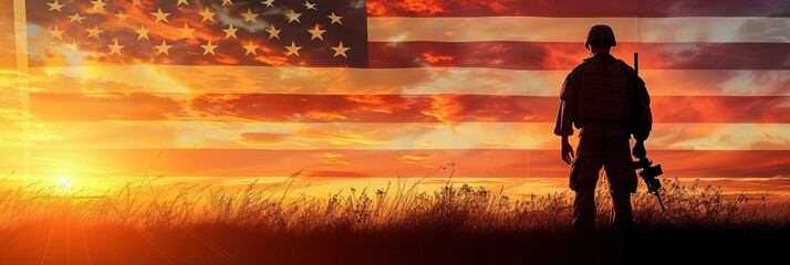 Silhouette of a soldier at sunset with American Flag