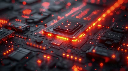Obraz premium Close-up of Glowing Circuit Board with Orange Lights and Microchips - Technology Texture Background. Futuristic background.