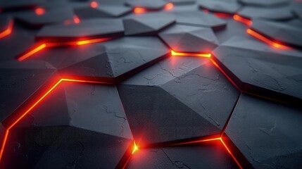 Black hexagon tile wallpaper with red light. technology abstract background.