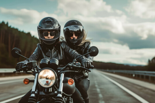 couple in leather jackets and helmets riding a motorcycle on a highway, in the style of biker, adventurous © mila103