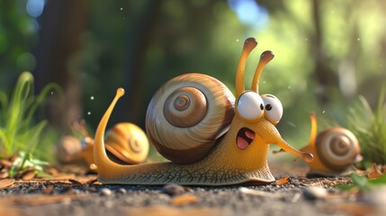 Cartoon scene Just as the finish line comes into view one snail decides to take a quick break and withdraws into its shell for a nap. The other snails try to coax - obrazy, fototapety, plakaty