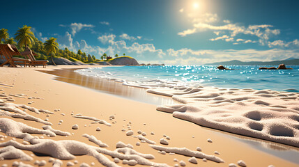 Sandy beach with light blue transparent water waves and sunlight, tranquil aerial beach scene