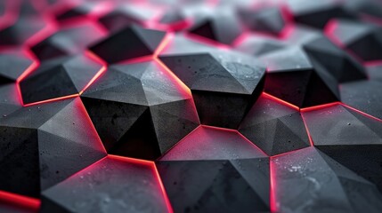 Black hexagon tile wallpaper with pink light. technology abstract background.