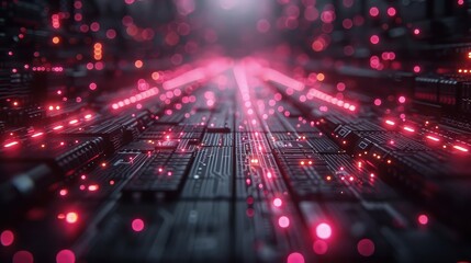 Close-up of Glowing Circuit Board with Pink Lights and Microchips - Technology Texture Background. Futuristic background.