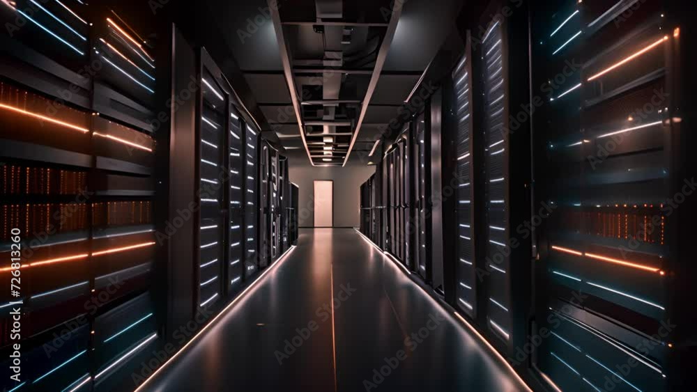 Poster Digital information flows through network and data servers behind mesh panels in a server room of a data center