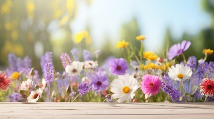 Bright wildflowers arranged on a wooden surface with soft-focused nature backdrop, perfect for spring and nature concepts.