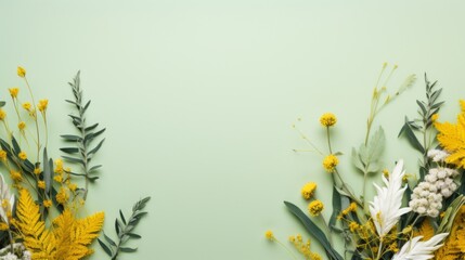 Fototapeta na wymiar Vibrant yellow and white spring flowers arranged on a soft green backdrop for fresh seasonal designs.