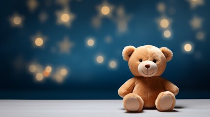 Adorable teddy bear sitting on a surface with a star-shaped bokeh background.