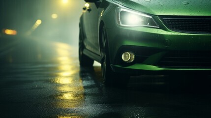 A close-up of a green car's headlights illuminating a dark, wet street at night.