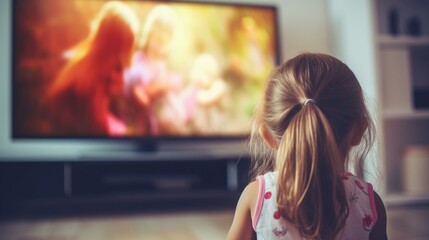 Preschool girl intently watching an animated program on a television screen in a home setting.