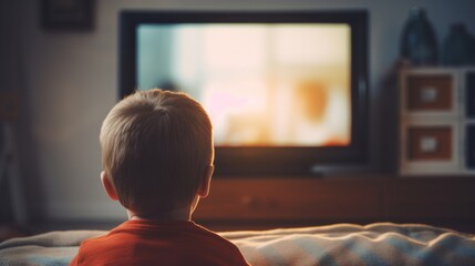 A young child engrossed in watching a colorful television show, sitting comfortably indoors. - obrazy, fototapety, plakaty