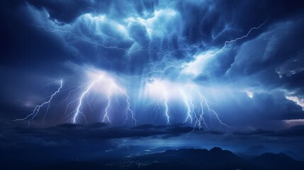 Dramatic night sky with multiple lightning strikes illuminating a mountainous landscape, showcasing nature's fury.