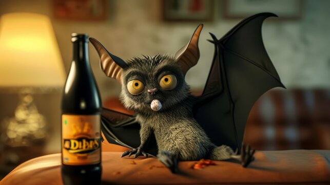 Cartoon scene A bat with a hangover chugging garlicflad Gatorade and lamenting the consequences of drinking too much AB negative.