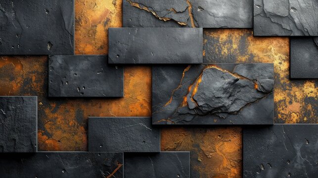 Black natural stone wall background with golden accents.