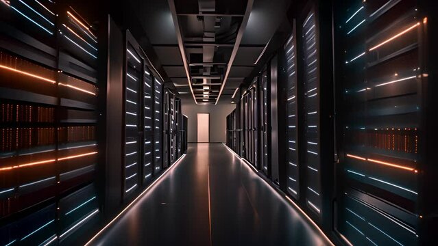 Digital information flows through network and data servers behind mesh panels in a server room of a data center