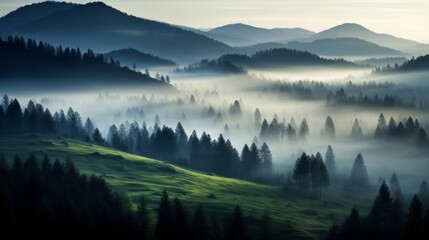 Foggy morning in the mountains. Misty landscape with coniferous forest.