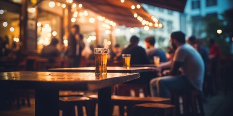 Pint glass of beer on a wooden table at a bustling outdoor pub with warm evening lights in the background. - obrazy, fototapety, plakaty