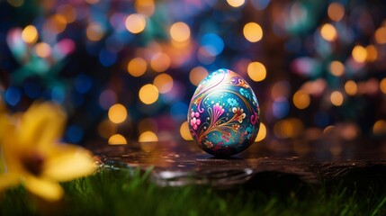 An intricately hand-painted Easter egg displayed with a vibrant bokeh light background, symbolizing festive traditions.