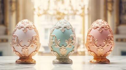 Three ornate Easter eggs stand on marble, classical luxury decoration for spring holiday.