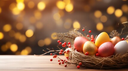 Colorful Easter eggs in a nest with red berries and pine twigs against a golden bokeh light background.