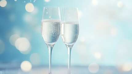 Elegant champagne glasses with effervescent bubbles on a serene blue background.
