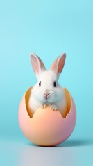 Fototapeta na wymiar Adorable white bunny emerging from a cracked Easter egg against a pastel blue background.