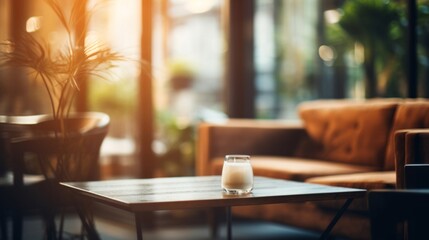 Warm, inviting cafe ambiance with a candle on the table and soft focus background.