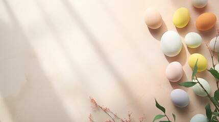Obraz na płótnie Canvas Softly lit pastel Easter eggs casting gentle shadows alongside sprigs of spring foliage.