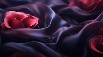 A digitally created abstract red rose nestled in folds of dark, silky fabric, conveying luxury and romance.