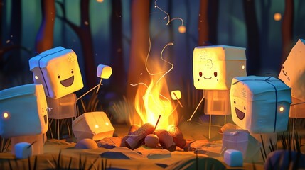 Cartoon scene of tissue boxes gathered around a campfire roasting marshmallows on their soft edges and telling scary stories about scratchy paper.
