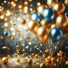 Bouquet of Festive Colored Gold and Blue Foil Balloons Falling Studded with Sparkles and Glitter Confetti with a Blurry Dark Background & a Bokeh Lights. Thank You for Decorating the Invitation Card.